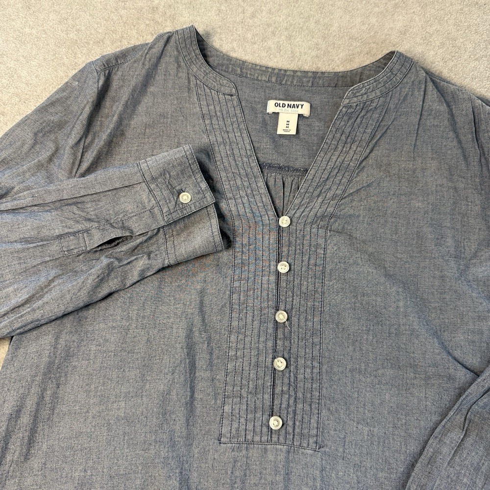 Old Navy‎ Medium Chambray Tunic Blouse Blue Pintuck LS Cotton Top 100% Cotton